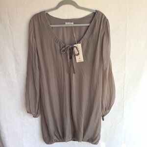 Sofia Italy 100% Silk Boho Peasant Dress Taupe Tie Neck Balloon Hem Lagenlook OS